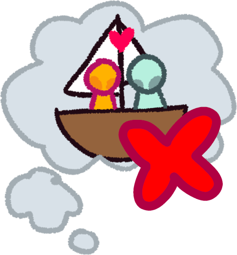 a grey thought bubble having a sailboat with a yellow and light blue person inside and a heart on top of them. In front of the thought bubble is a red X